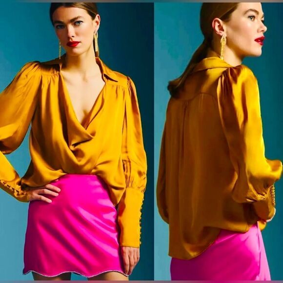 ANTHROPOLOGIE MAEVE COWL NECK BLOUSE DARK YELLOW SIZE XXS NWT - Picture 1 of 10